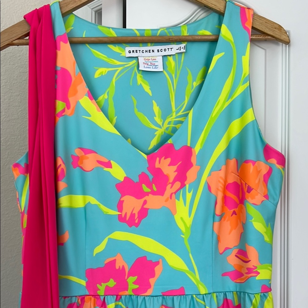 Gretchen Scott Designs Turquoise Dress with Pink and Orange Floral Pattern
